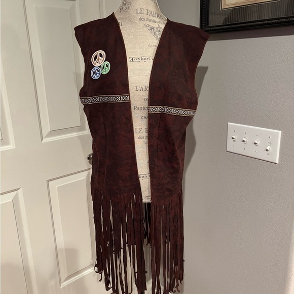 Under wraps Jackets & Blazers - Brown Fringe Vest with Peace Sign Patches
